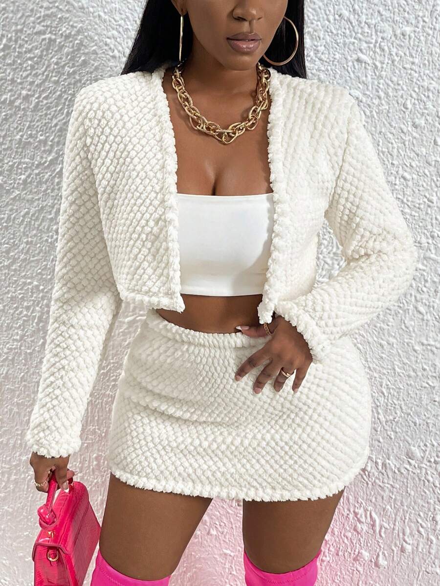 Slaydiva Solid Open Front Crop Jacket & Skirt - White - View 1
