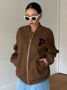 DAZY Veste bomber à fermeture éclair avec motif de lettre, épaules tombantes. Vêtements d'automne pour femmes