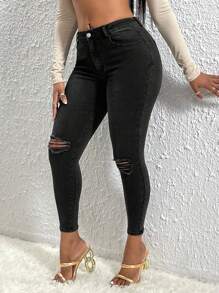 SHEIN SXY Ripped Skinny Jeans - Black - View 1