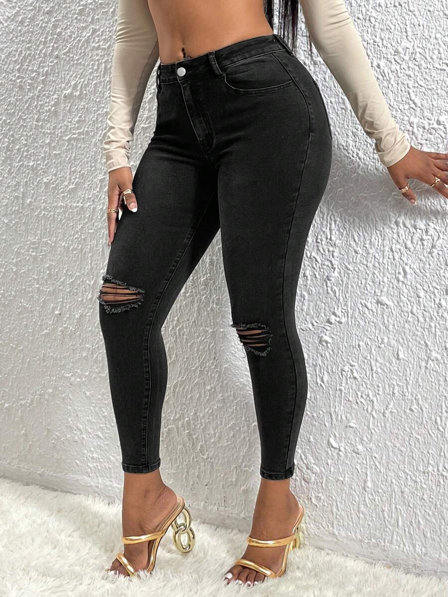 SHEIN SXY Ripped Skinny Jeans - Black - View 1