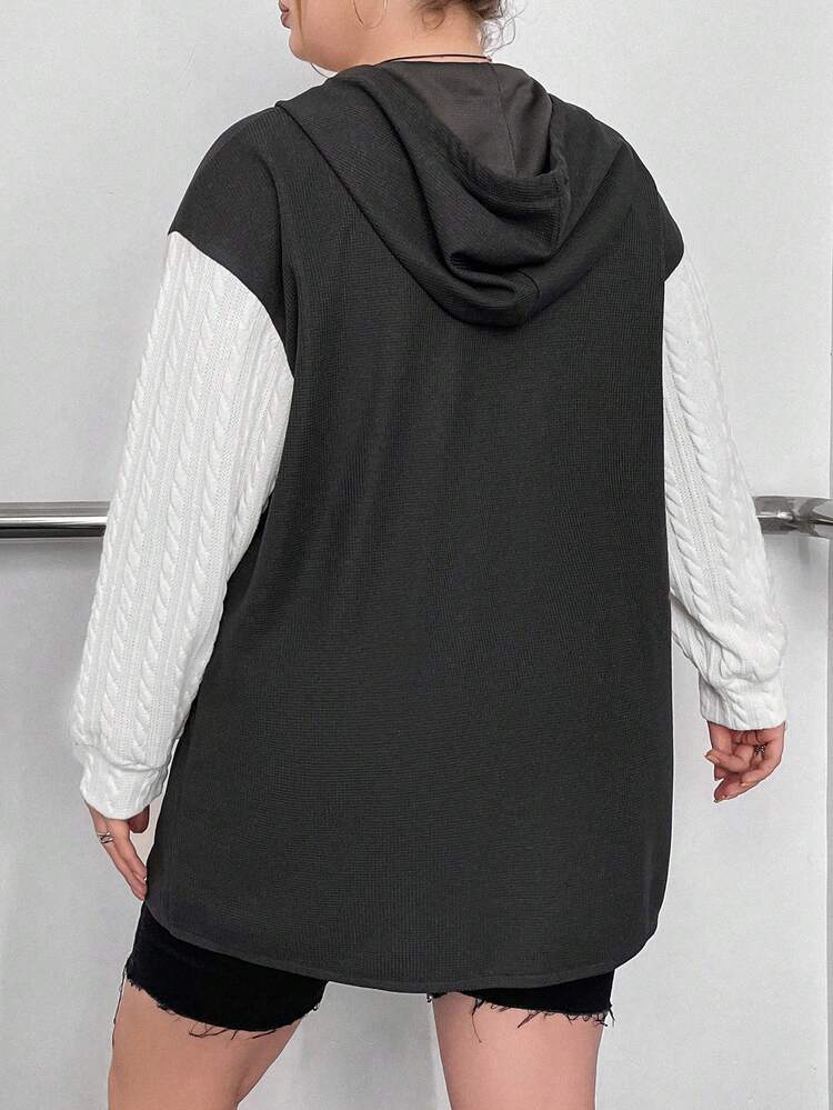 Plus Colorblock Drop Shoulder Drawstring Hooded Coat