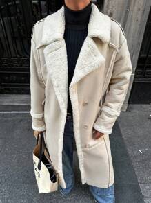 RueChic Lapel Neck Drop Shoulder Longline Coat - Beige - View 5