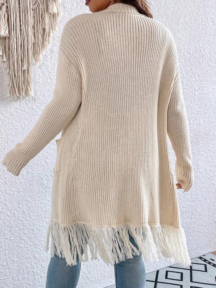 Plus Fringe Trim Dual Pocket Drop Shoulder Duster Cardigan Fall Cloth For Women