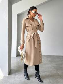 SHEIN Privé 西裝領荷葉邊腰帶風衣外套 - 卡其色 - 查看 3