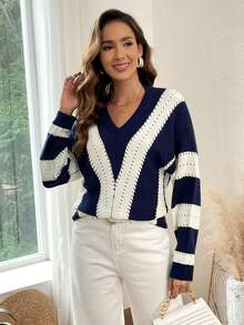 SHEIN LUNE Khối màu Thả vai Dệt kim chấm bi Áo len - Màu xanh lam - Xem 3