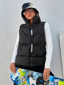 EURMUSE 拉鏈開襟羽絨背心大衣 - 黑色 - 查看 5