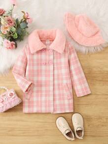 SHEIN Kleine Mädchen Karierter zweireihiger Mantel mit Borg Kragen & Hut