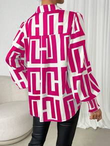 SHEIN Privé 幾何印花燈籠袖襯衫 - 玫紅色 - 查看 2