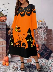 SHEIN EZwear Talla grande Vestido con estampado de halloween - Multicolor - Ver 4