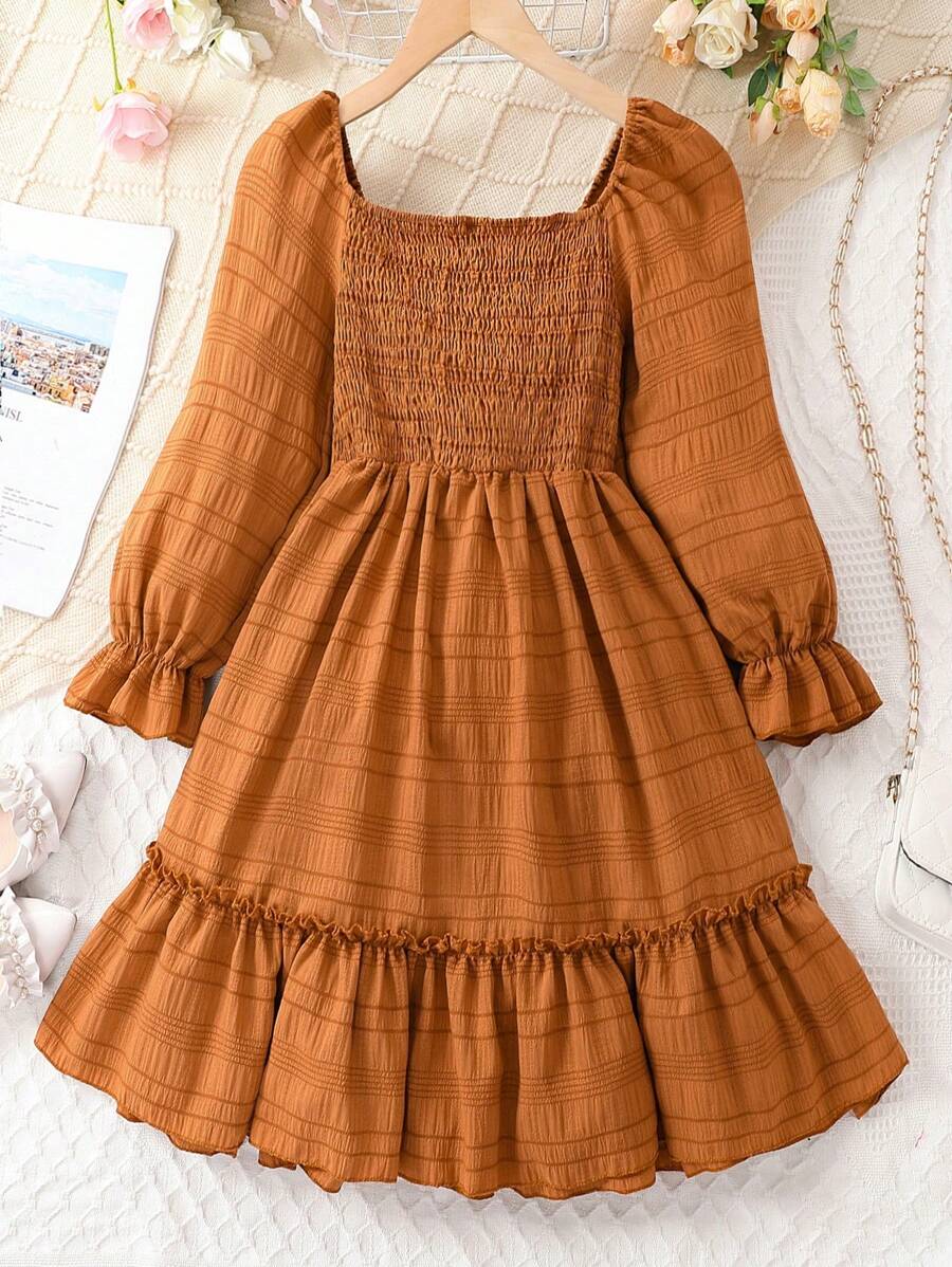 SHEIN Cô gái Tween Cổ vuông tay áo lá sen Xù Hoa Sen Đầm - màu nâu - Xem 1