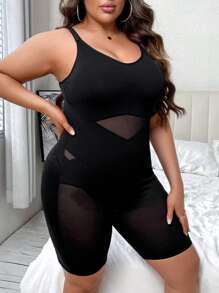 大碼網紗拼接塑身衣連身短褲 - 黑色 - 查看 4