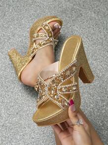 Sandalias de tacón alto elegantes y sexys con plataforma alta, decoradas con cristales de imitación de plata y perlas falsas, para mujer, de moda para primavera/verano - Dorado - Ver 2