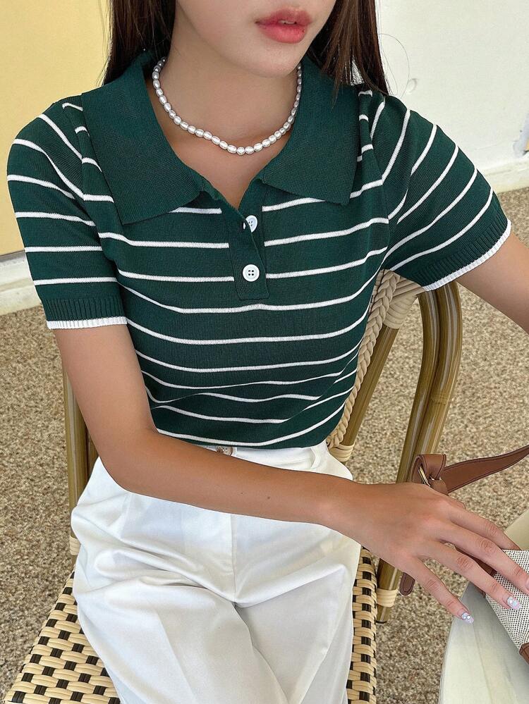 Striped Pattern Polo Neck Knit Top Easter