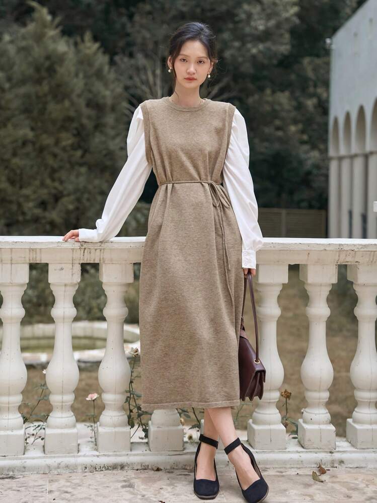 DAZY Vestido de suéter con cinturón de bloques de color, ropa de otoño - Caqui - Añade 5