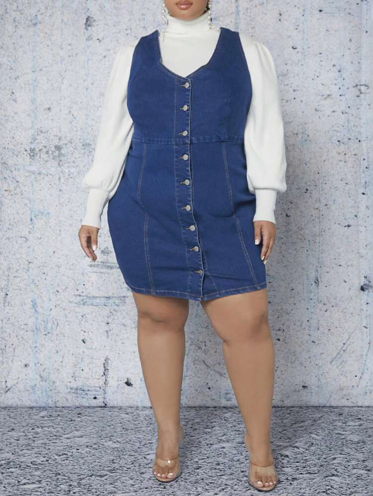 Plus Button Through Denim Dress Without Sweater