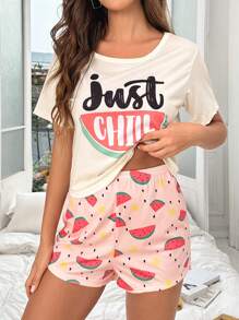 Watermelon & Letter Graphic Tee & Shorts PJ Set - Multicolor - View 5