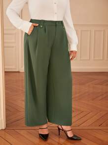 SHEIN Frenchy Plus Solid Slant Pocket Wide Leg Pants - Army Green - View 3