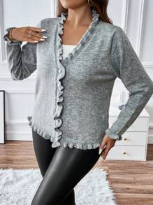 Vionelle Áo len cardigan thiết kế thường ngày viền bèo cỡ lớn, cho mùa đông - Xám - Xem 6