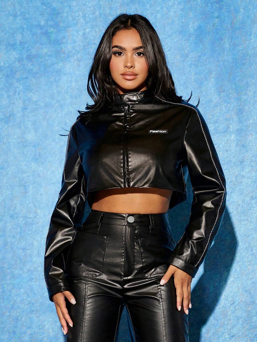 SHEIN PETITE Letter Patched Detail Crop PU Leather Jacket - Black - View 1