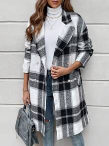 SHEIN LUNE 格紋雙排釦落肩袖花呢外套 - 黑與白 - 查看 6