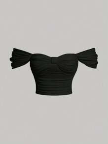 SHEIN MOD Off Shoulder Ruched Bustier Crop Top - Black - View 1