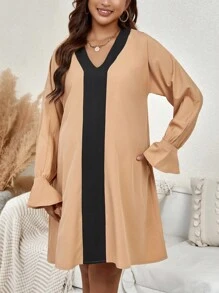 SHEIN Maternity Contrast Panel Flare Sleeve Dress - Khaki - View 6