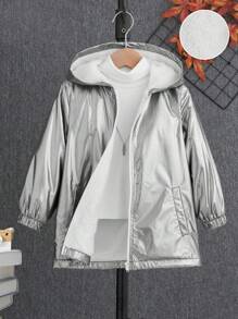 SHEIN 男小童拉鏈開襟連帽毛絨內襯金屬質感外套無毛衣 - 白色 - 查看 1