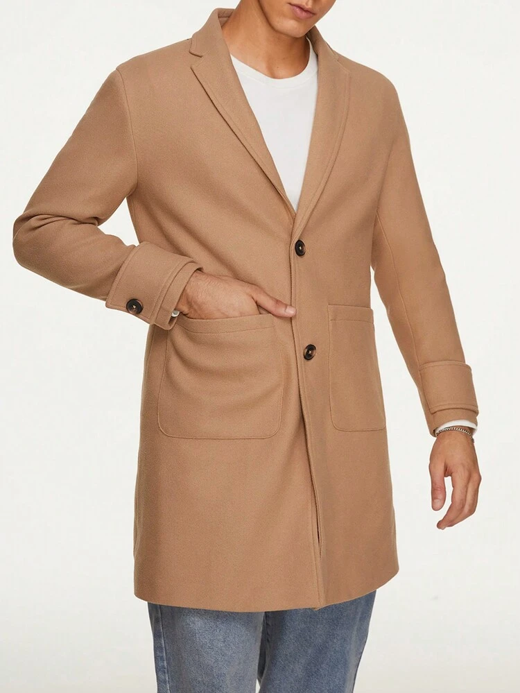 Men Lapel Neck Flap Pocket Button Front Overcoat, For Fall Winter