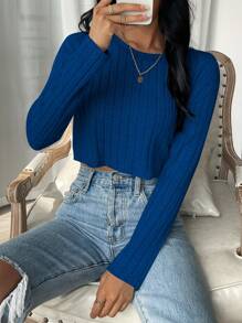 SHEIN EZwear Camiseta crop unicolor tejido de canalé - azul real - Ver 3