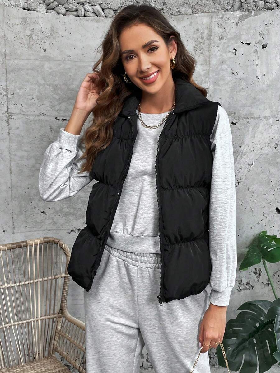 SHEIN LUNE Zip Up Puffer Vest Coat - Black - View 1