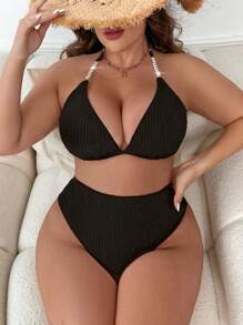 Swim Vcay Summer Beach Plus Pearls Beaded Tie Backless Halter Triangle High Waist Bikini Set - Black - View 1