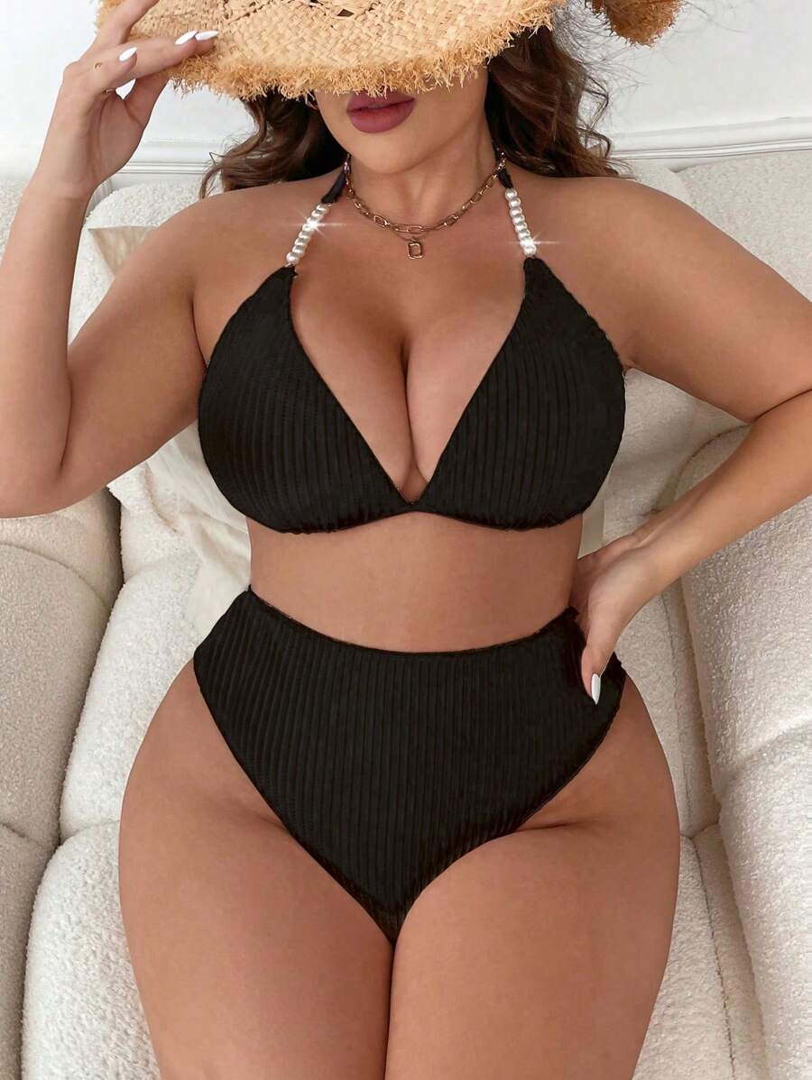 Swim Vcay Summer Beach Plus Pearls Beaded Tie Backless Halter Triangle High Waist Bikini Set - Black - View 1