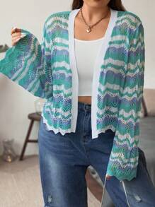 Flirla Plus Allover Chevron Pattern Scallop Trim Cardigan