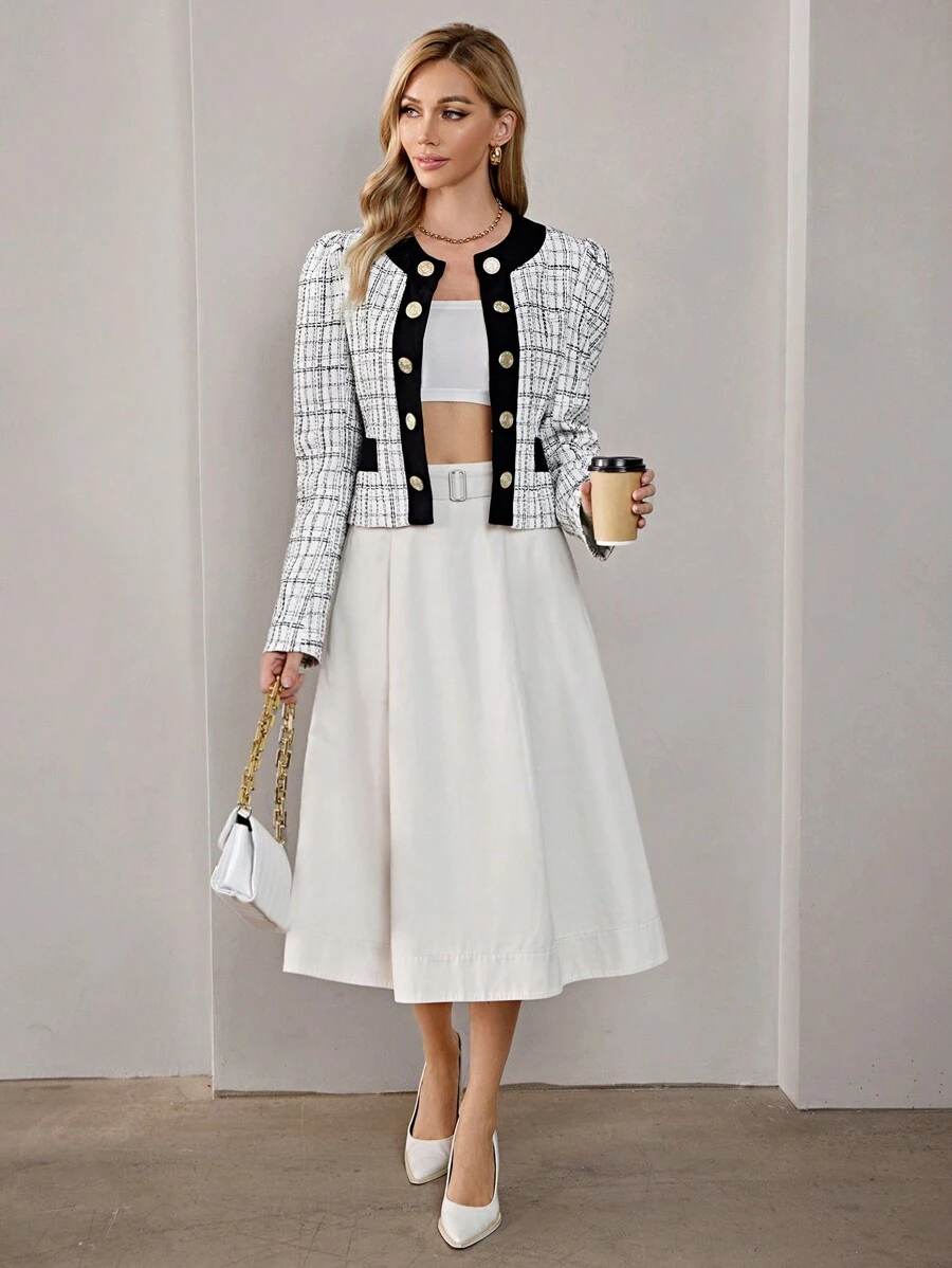 GENKIRA Hoa văn kẻ sọc Đôi ngực Tweed Áo khoác - Nhiều màu - Xem 1