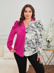 SHEIN Privé 大碼圖案印花前扭結襯衫 - 彩色 - 查看 5