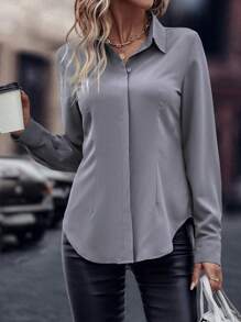 EMERY ROSE Solid Curved Hem Shirt,Long Sleeve Tops Fall Cloth For Women - Grey - View 6