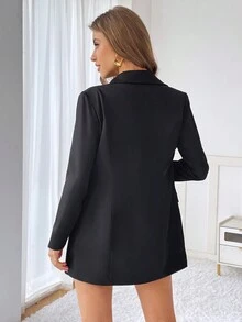 SHEIN Privé 素色雙排釦青果領西裝外套 - 黑色 - 查看 2