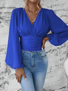 Wandoria Women's Solid Color Overlap V-Neck Lantern Sleeve Pleated Fashion Blouse - Royal Blue - View 7