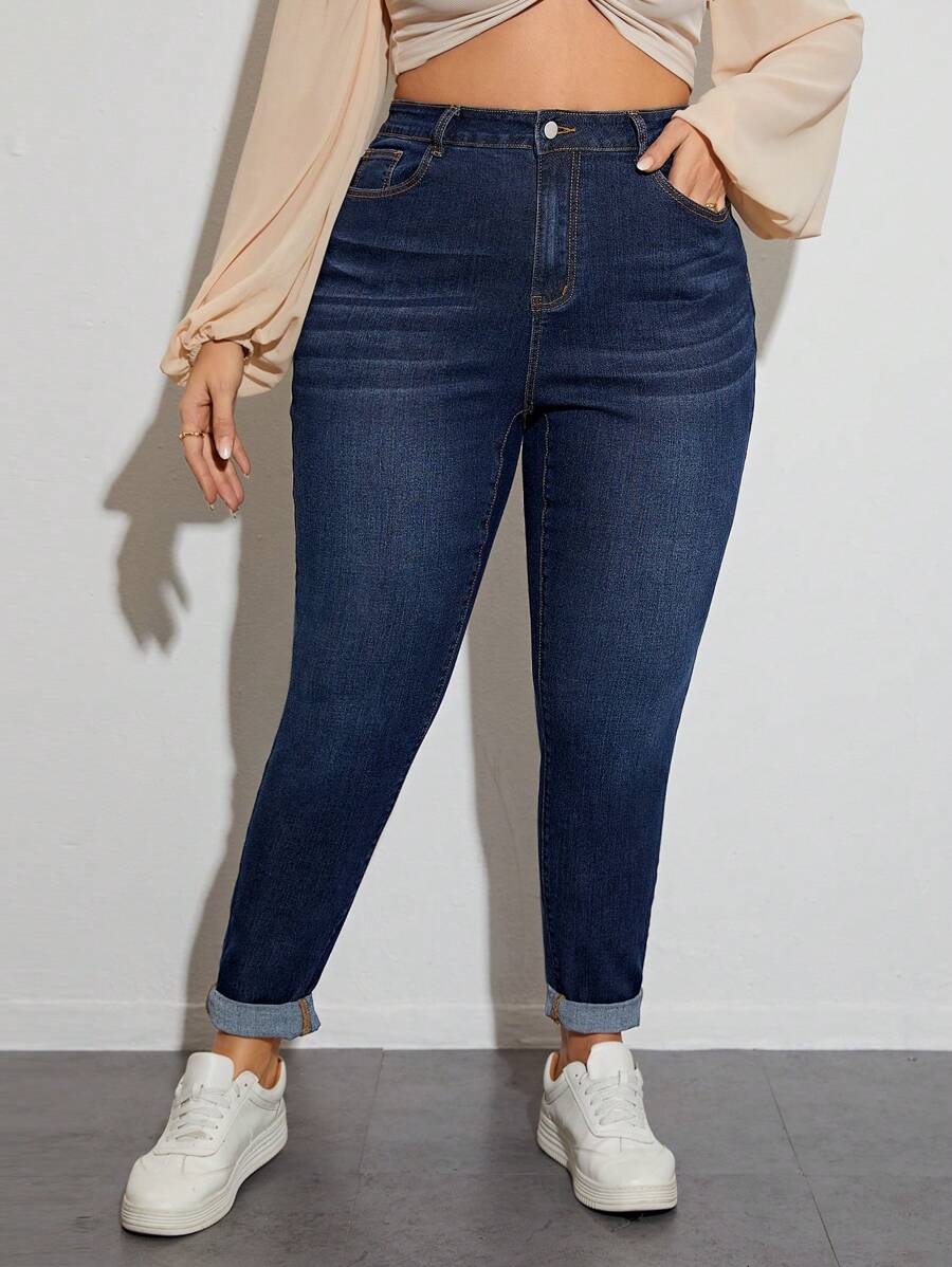 SHEIN Privé Plus Zipper Fly Skinny Jeans - Blue - View 1