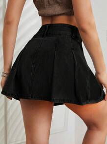 Pleated Denim Skirt - Black - View 2