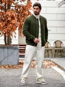 Manfinity Homme Men Solid Zip Up Overcoat - Green - View 3