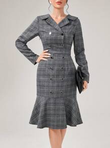 SHEIN Privé 格紋印花雙排釦魚尾裙下擺洋裝 - 灰色 - 查看 1