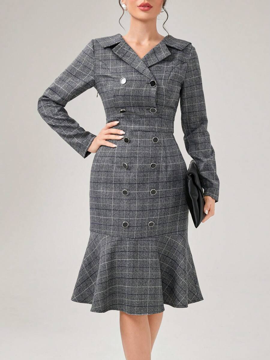 SHEIN Privé 格紋印花雙排釦魚尾裙下擺洋裝 - 灰色 - 查看 1