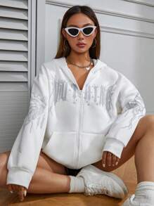 StreetHx Áo hoodie giữ ấm có khóa kéo, họa tiết chữ cái, kiểu dáng vai rớt, dành cho mùa thu. - trắng - Xem 6