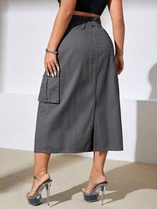 SHEIN ICON 大碼側翻蓋口袋牛仔半身裙 - 灰色 - 查看 2