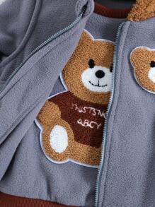SHEIN 男小童熊貼布拉鏈開襟3D耳朵連帽夾克背心和運動褲&運動衫 - 灰色 - 查看 4