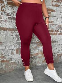 SHEIN LUNE Plus Button Detail Leggings - Burgundy - View 5