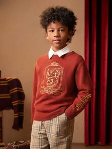 HARRY POTTER X SHEIN Cậu bé Tween Đồ họa Thêu Áo len Không có áo sơ mi - Màu Đỏ Sâu - Xem 1