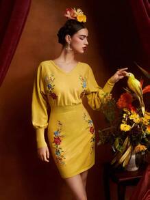 Frida Kahlo X SHEIN 花卉刺繡燈籠袖毛衣洋裝 - 黃色 - 查看 3