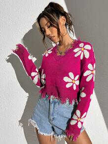 SHEIN Unity 花卉圖案落肩袖破洞毛衣 - 玫紅色 - 查看 4